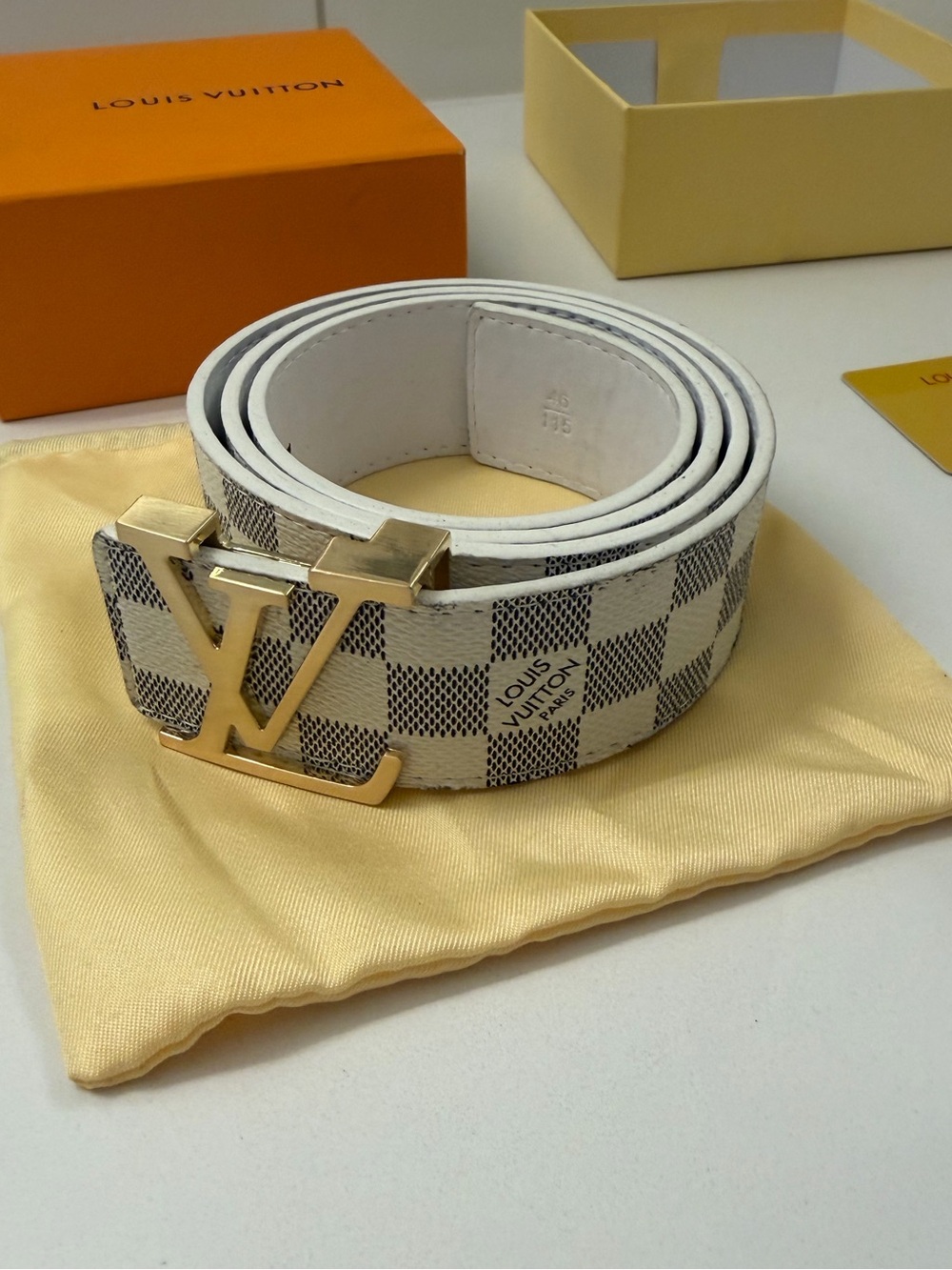 Louis Vuitton White Damier Azur Canvas LV Initiales Belt with Gold Buckle